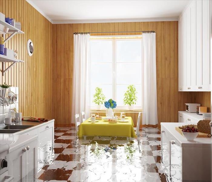A kitchen with standing water