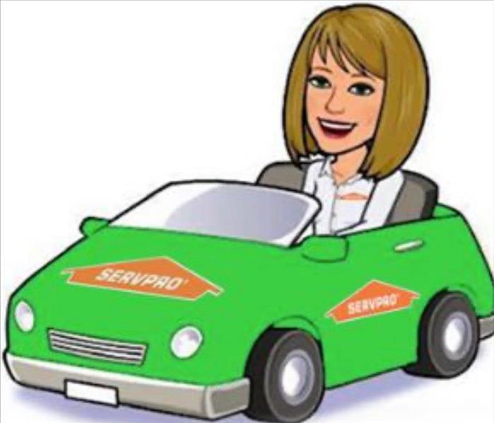 cartoon pic, lady in servpro convertible