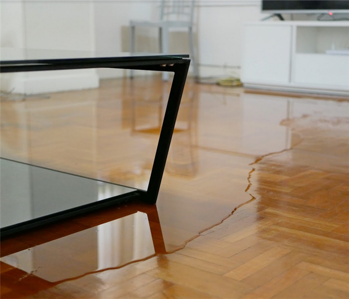 a living room floor covered in a puddle of water