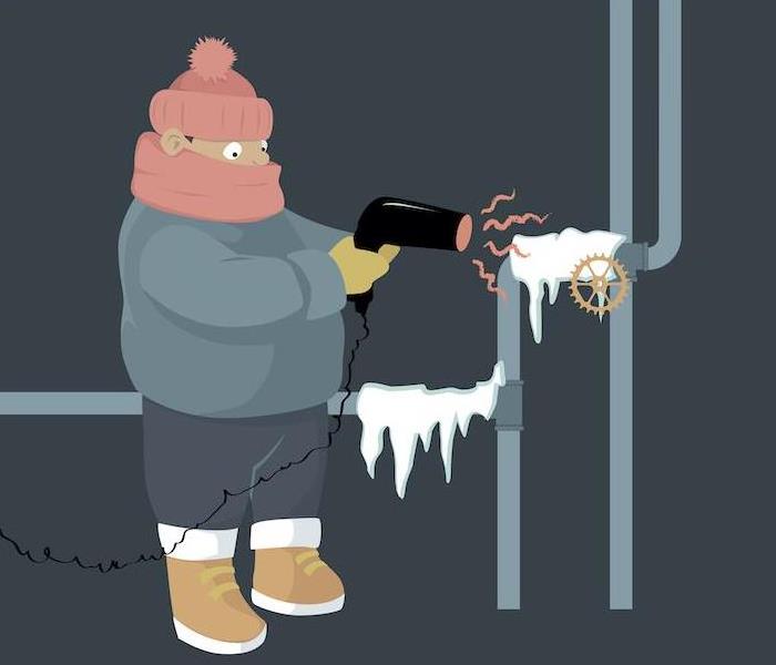 Illustration of a man thawing pipes with blow dryer