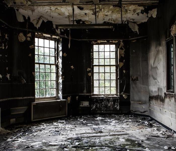 A fire damaged room in a home. 